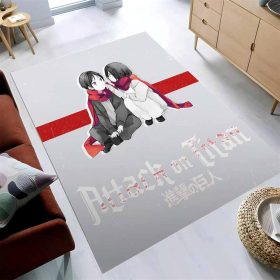 Attack On Titan Anime – Chibi Mikasa And Eren Couple Love Wearing Red Scarf Teppich
